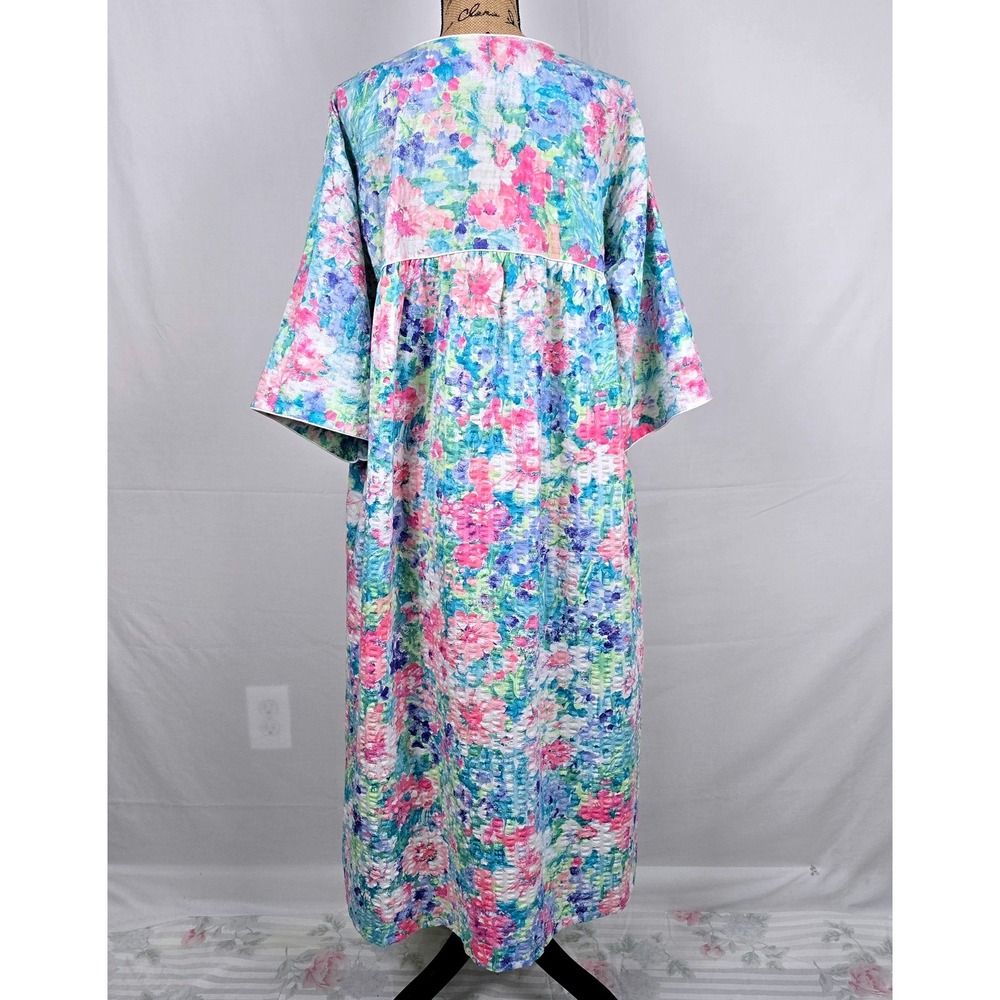 Miss Elaine At Home Floral Seersucker Housecoat Duster Robe Zip Large Blue Pink - Picture 13 of 14
